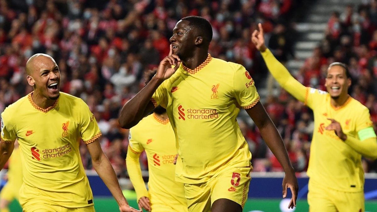 Liverpool defender Ibrahimo Konate (5) and midfielder Fabinho (left)