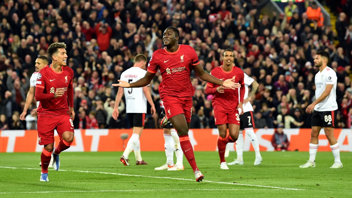 Liverpool defender Ibrahima Konate celebrates his goal vs. Benfica