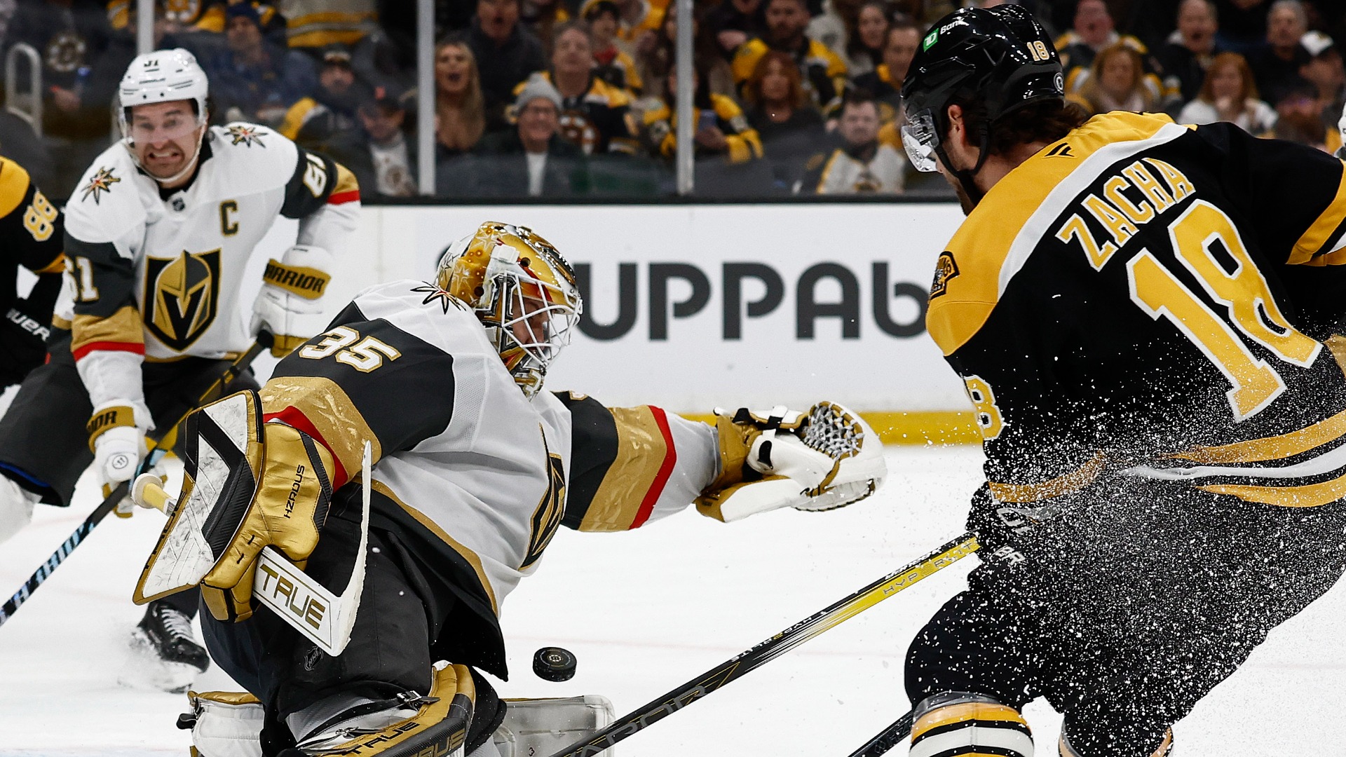 Boston Bruins forward Pavel Zacha and Vegas Golden Knights goaltender Ilya Samsonov
